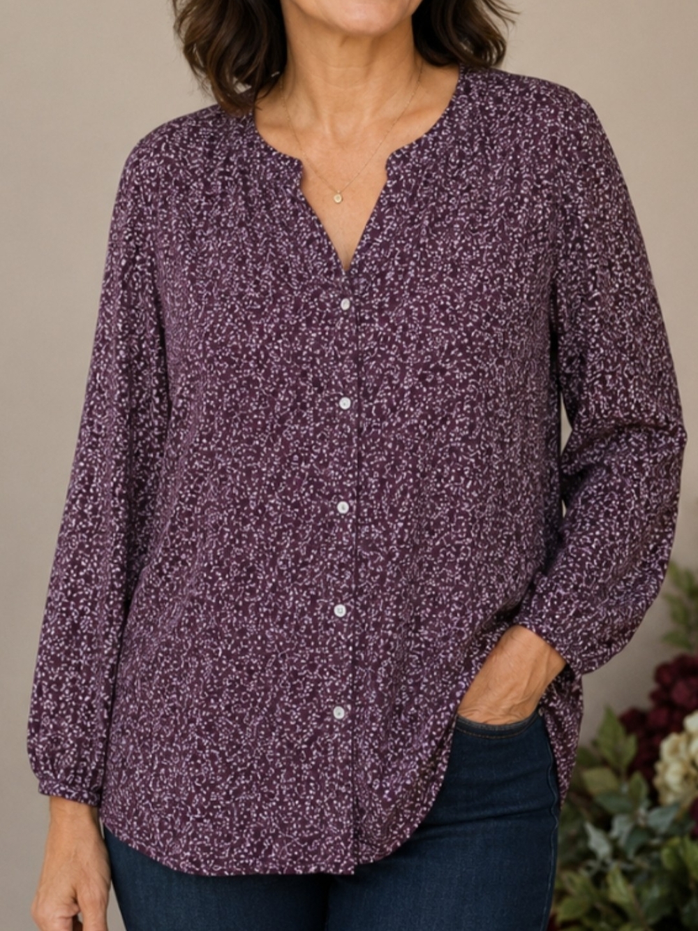 Old Navy Burgundy Vine  Printed Button-Front Blouse